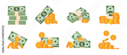 Stacks of Cash and Gold Coins Illustration Set