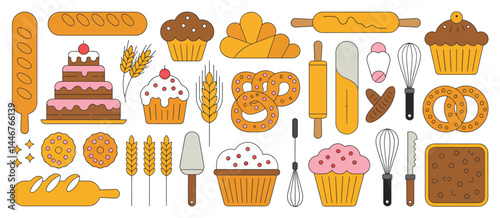 Assorted Bakery Goods and Baking Tools Illustration