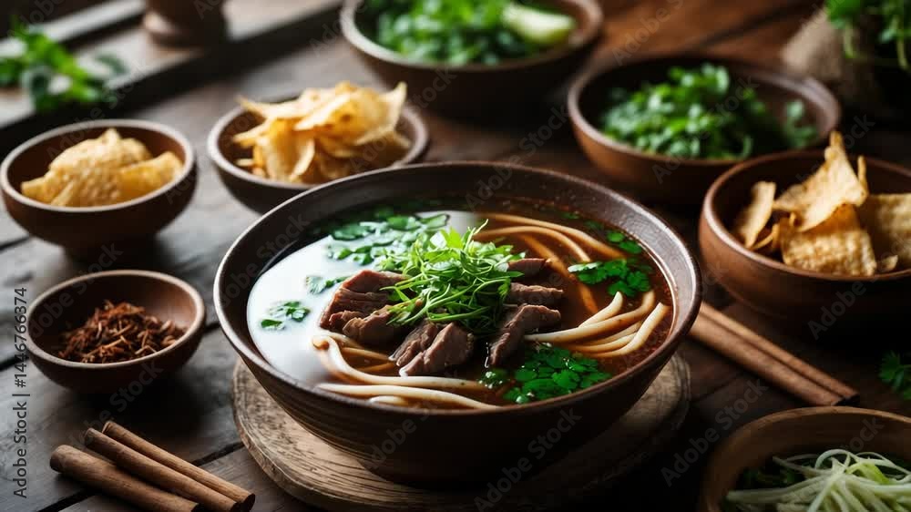 The celebrated Boat Noodle Soup, known for its pork blood rice noodle broth.