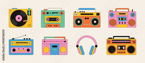 Retro Music Devices Collection Colorful Illustration