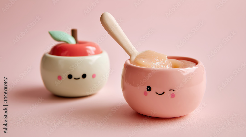 Cute ceramic apple container and mug, filled with a light-colored food. A spoon is inserted into the mug Cute ceramic apple container and mug, filled with a light-colored food. A spoon is inserted into the mug