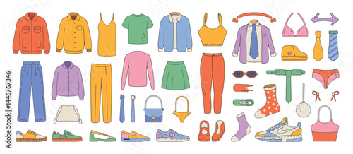 Colorful Fashion Illustration of Womens and Mens Clothing and Accessories