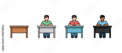 Students Sitting at Desks Illustration Set