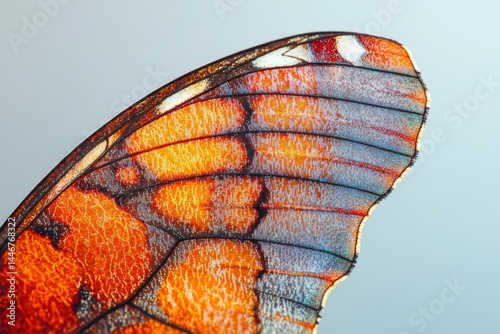 Close-up of a butterfly wing showcasing intricate details of its vibrant orange, blue, and red scales.