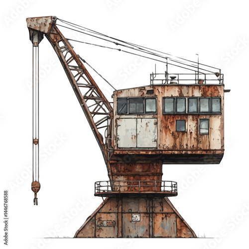 Shipbuilding Crane In Action, vector watercolor illustration, isolated on a white background.