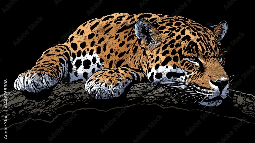 Obraz premium Pixelated jaguar resting serenely on a branch exhibiting detailed fur patterns in a retro gaming style showcasing its beauty and majesty against dark backdrop