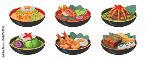 Six Delicious Asian Dishes in Bowls with Fresh Herbs