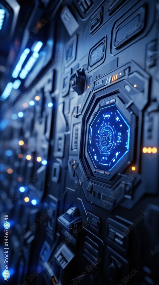 Fototapeta premium Close-up futuristic technology interface display shows data readout, lights in the background