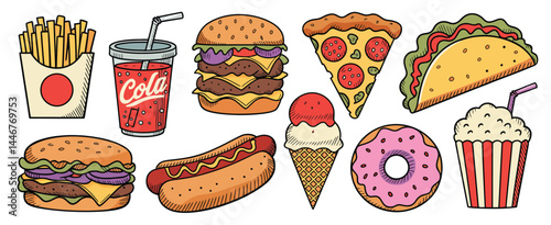 Cartoon Fast Food Collection with Burgers Pizza and Ice Cream