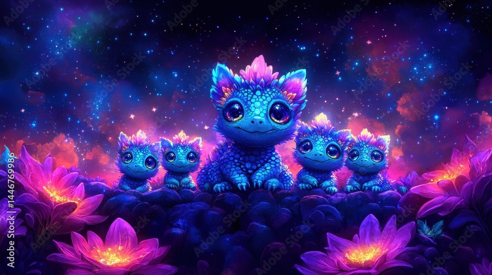 Fototapeta premium Enchanting alien kittens in a luminous floral meadow, bathed in cosmic glow and starlight with ethereal beauty, creating a whimsical dreamscape experience