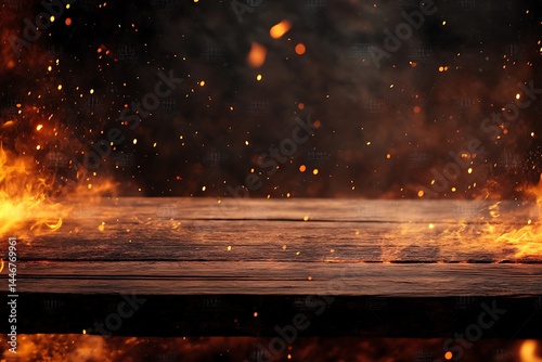 Burning fire on a wooden board on a dark background with bokeh