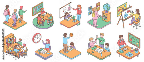 Isometric Illustration of Elementary School Activities