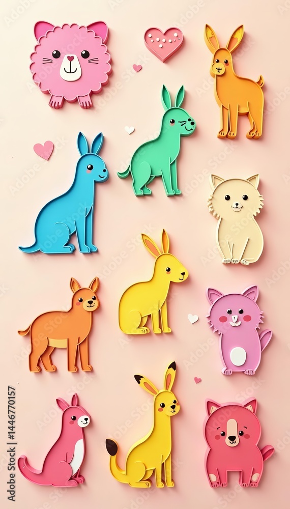 Naklejka premium Array of whimsical animal outlines against a pastel backdrop, modern, fun, pastel colors