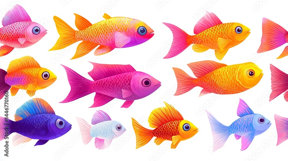 Naklejka premium Vibrant Underwater Scene Featuring a Diverse Array of Colorful Fish Swimming Among Coral Reefs