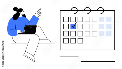 Person sitting with laptop pointing at calendar with highlighted date, representing planning, scheduling, or organization. Ideal for productivity, deadlines, reminders, time management, event
