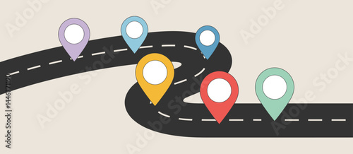 Colorful Location Pins on Winding Road Map Illustration