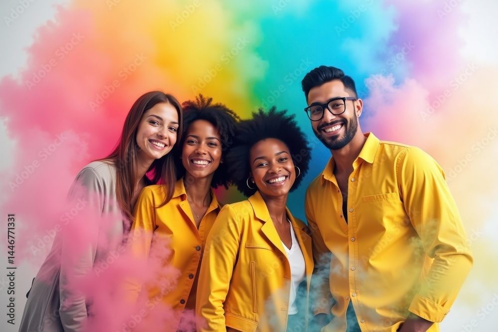 Colors of Unity. People unite in harmony surrounded by vibrant, swirling colors, symbolizing shared emotional bond and unity. Colors of Unity. People unite in harmony surrounded by vibrant, swirling colors, symbolizing shared emotional bond and unity.