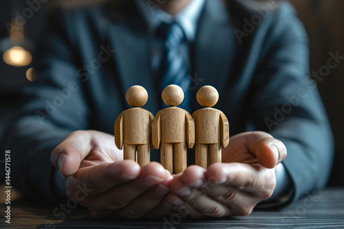 APPEALING  businessman symbolically safeguards appealing  wooden model of appealing  family in his hands, representing pretty concepts of insurance and assurance in life   