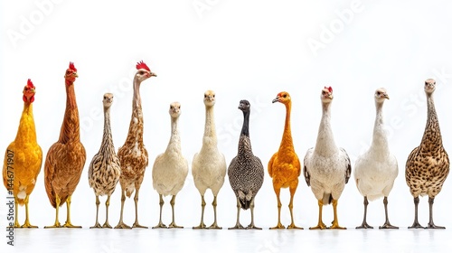 A whimsical assortment of stylized chicken figurines arranged in a linear formation showcasing various plumage patterns and colors on a clean white backdrop