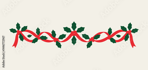 Christmas Holly Berry Garland with Red Ribbon Decoration