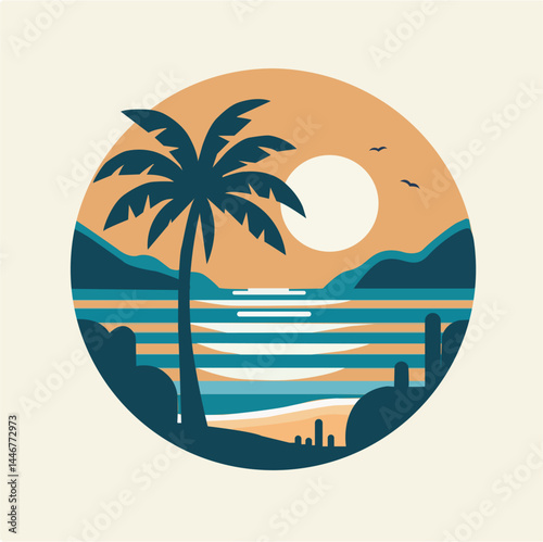 Scenic Illustration of Tropical Beach Sunset With Palm and Ocean Waves