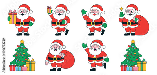 Eight Adorable Cartoon Santa Clauses with Christmas Trees and Gifts