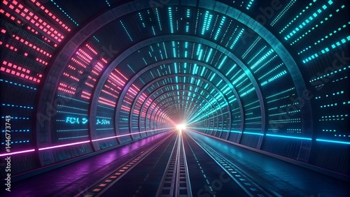 Futuristic data stream tunnel with glowing binary code and depth perspective