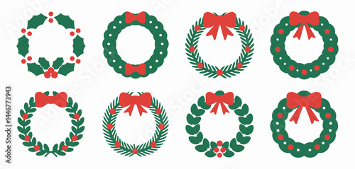 Eight Christmas Wreaths Flat Lay Design Elements