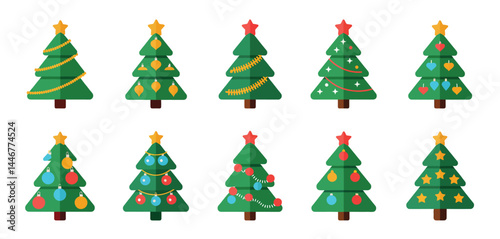 Twelve Flat Design Christmas Trees with Decorations