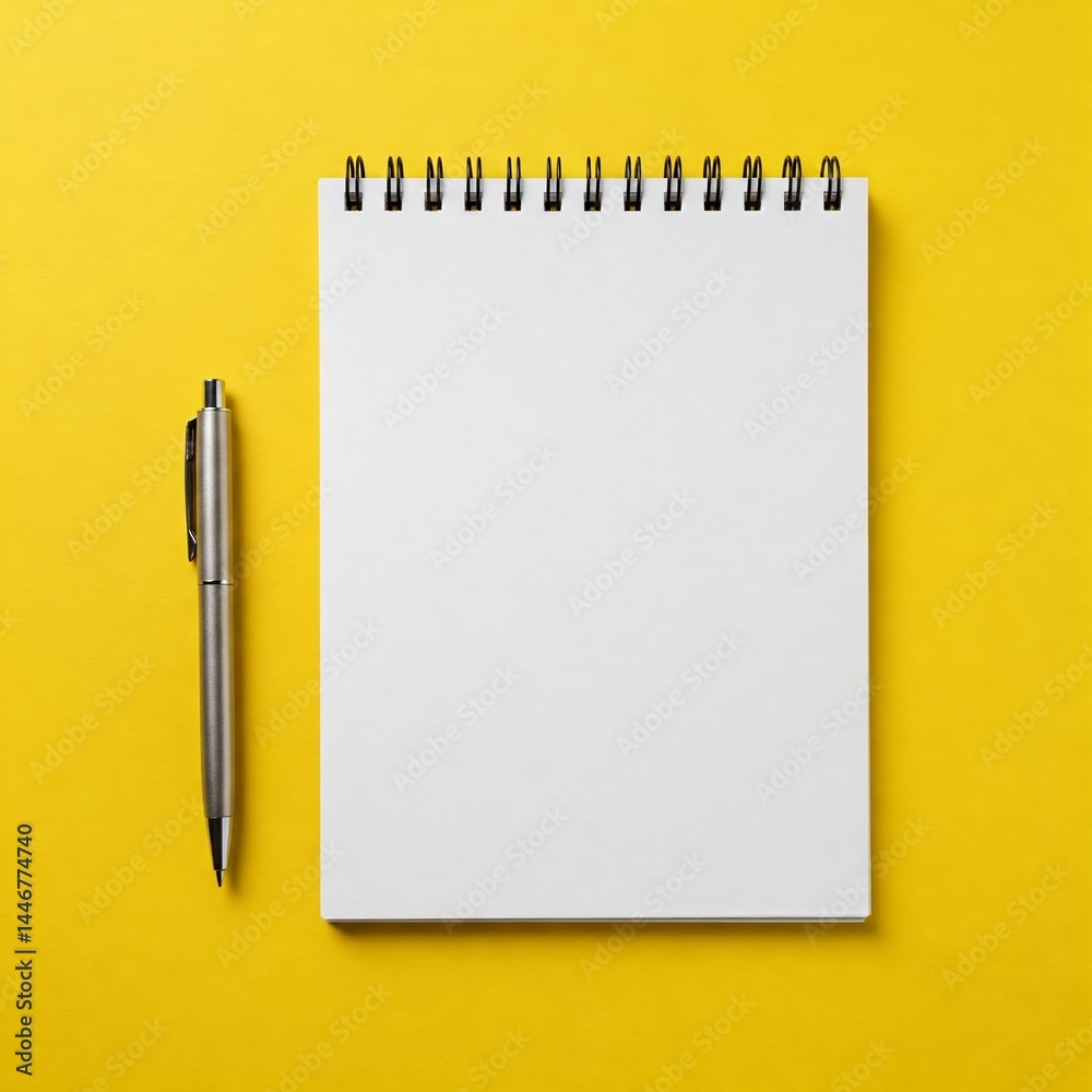 A pen and a spiral notebook with a blank page are placed on a yellow background. A pen and a spiral notebook with a blank page are placed on a yellow background.