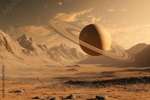 Saturn's rings loom over a desolate, rocky alien landscape under a hazy, orange sky. photo
