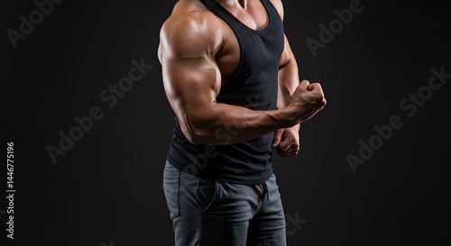 Studio-shot of a muscular man wearing gym shorts and tank top, flexing arms
