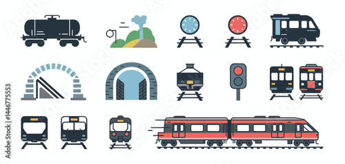 Train Transportation Icons Set Railway Elements and Vehicles