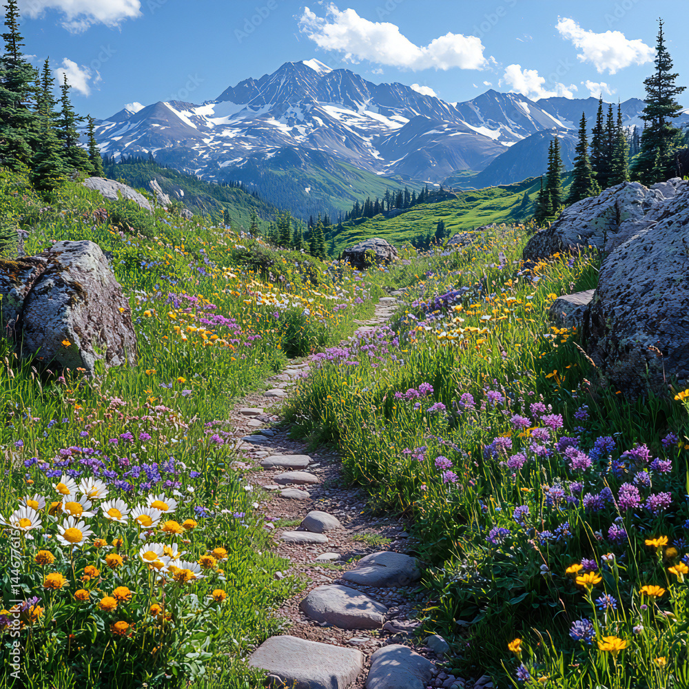 A beautiful mountain pass with wildflowers blooming along the trail and snow-capped peaks in the distance A beautiful mountain pass with wildflowers blooming along the trail and snow-capped peaks in the distance
