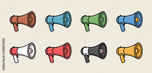 Eight Colorful Megaphones Announcement Icons Set