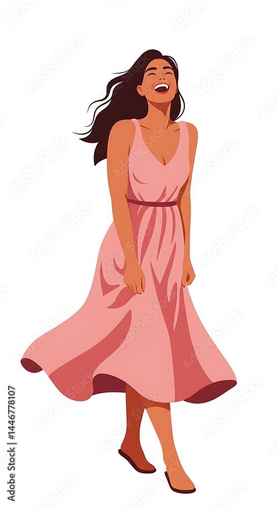Woman Laughing in Flowing Dress Outdoor, Vector Illustration Woman Laughing in Flowing Dress Outdoor, Vector Illustration