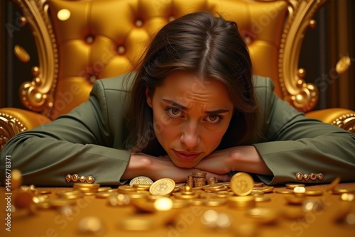 Wealth and contemplation.. Womans introspective gaze falls upon hoard of coins, symbolizing wealth, reflection, and quiet contemplation together.