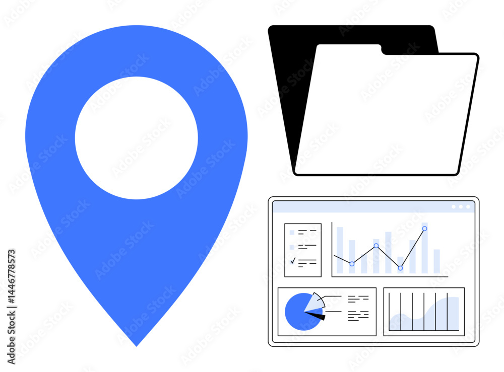 Blue location marker, black folder, and data dashboard with graphs and charts. Ideal for data analysis, project management, location tracking, file organization, business strategy, information Blue location marker, black folder, and data dashboard with graphs and charts. Ideal for data analysis, project management, location tracking, file organization, business strategy, information