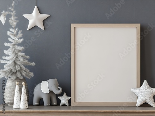 Elegant Christmas Mockup Neutral Colors Winter Scene Festive Decor Wooden Frame Baby Nursery Design 