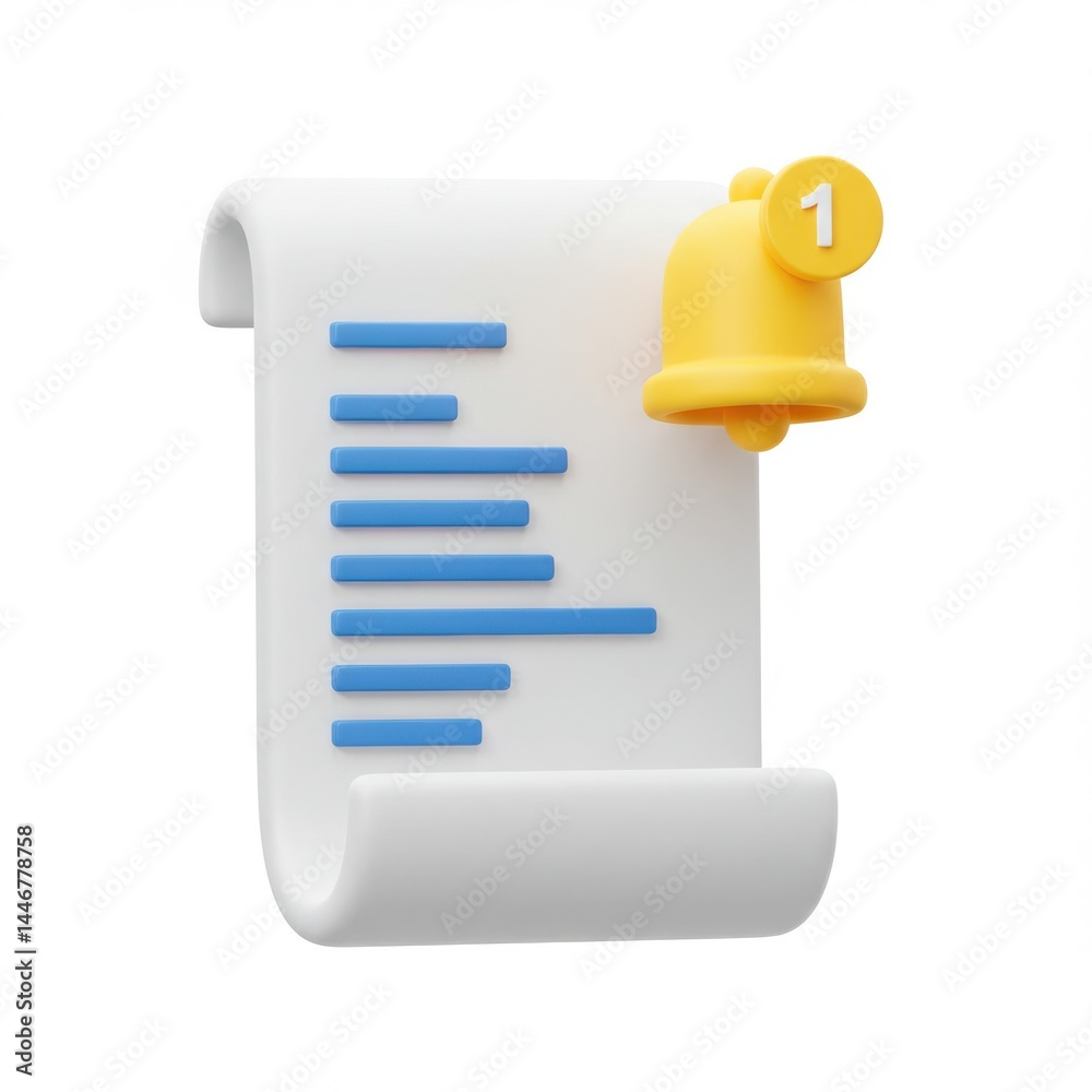 Notification bell with message list on white background Notification bell with message list on white background