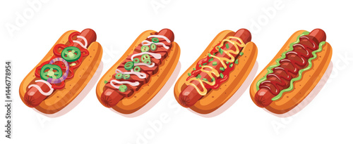Four Delicious Hot Dogs with Various Toppings