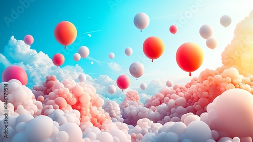 Colorful Balloons Floating in a Bright Blue Sky Creating a Joyful and Cheerful Atmosphere of Freedom