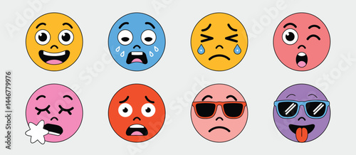 Eight Diverse Cartoon Emojis Showing Different Emotions