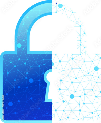 Cyber Security Shield With Digital Lock Icon. Lock Symbol From Lines And Triangles, Point Connecting Network