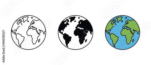 Three Simple Earth Globe Illustrations Line Art Black White and Color