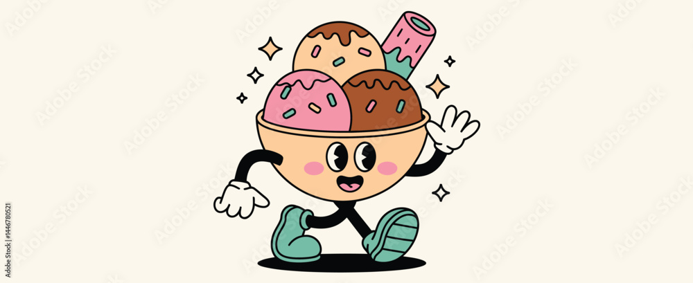 Happy Ice Cream Sundae Cartoon Character Walking