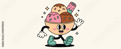 Happy Ice Cream Sundae Cartoon Character Walking