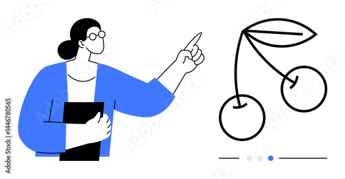 Person gestures at stylized cherry graphic holding a folder. Ideal for creativity, growth, education, planning, presentations, strategy, simple landing page