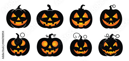 Eight Halloween Jack OLantern Pumpkins with Different Faces