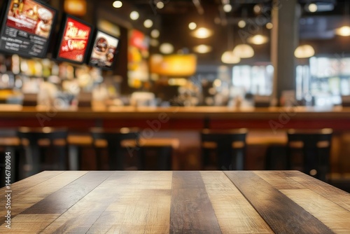 Restaurant interior, wooden table